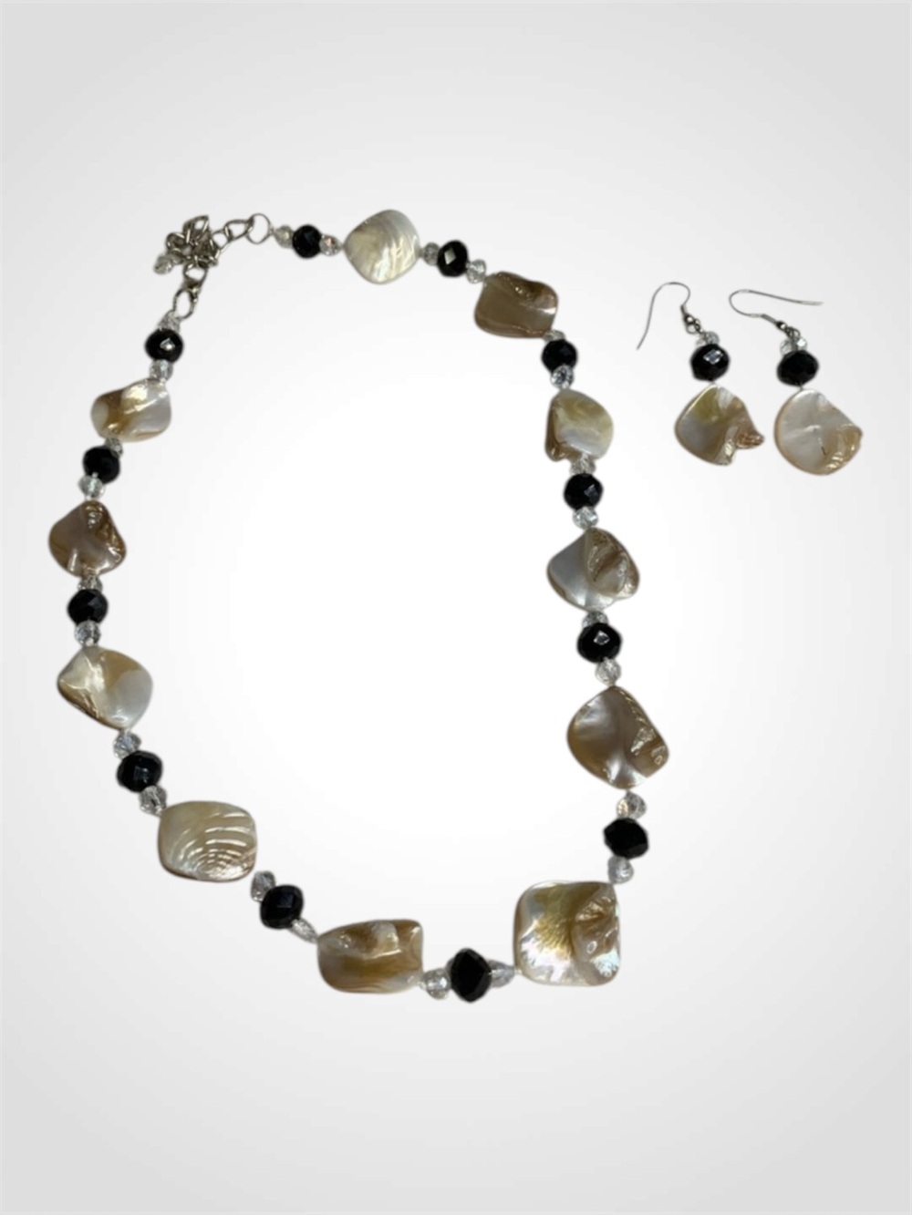 Raw Freshwater Squared Pearls Black & Clear Crystal Spacers Necklace & Earrings
